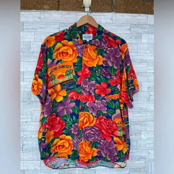 Jams World Santa Monica Floral Rayon Hawaiian Shirt Mens L Surf Line USA large - Picture 1 of 14